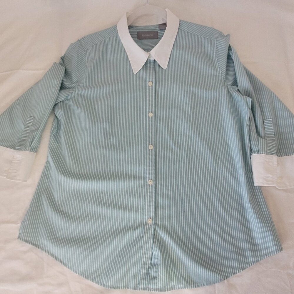 Teal Blue & White Pin Stripe Blouse XL Liz Claiborne - Picture 6 of 16